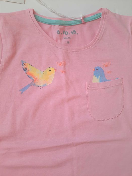 Piękna różowa bluzeczka bluzka 5.10.15. t-shirt ptaszki roz 128