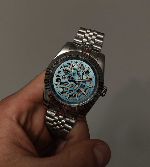 Seiko MOD Datejust SKELETON Niebieski Baby Blue Jubilee Custom NOWY