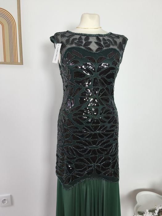 Suknia typu flapper S/ M, nowa z metką, ciemnozielona, suknia wieczoro