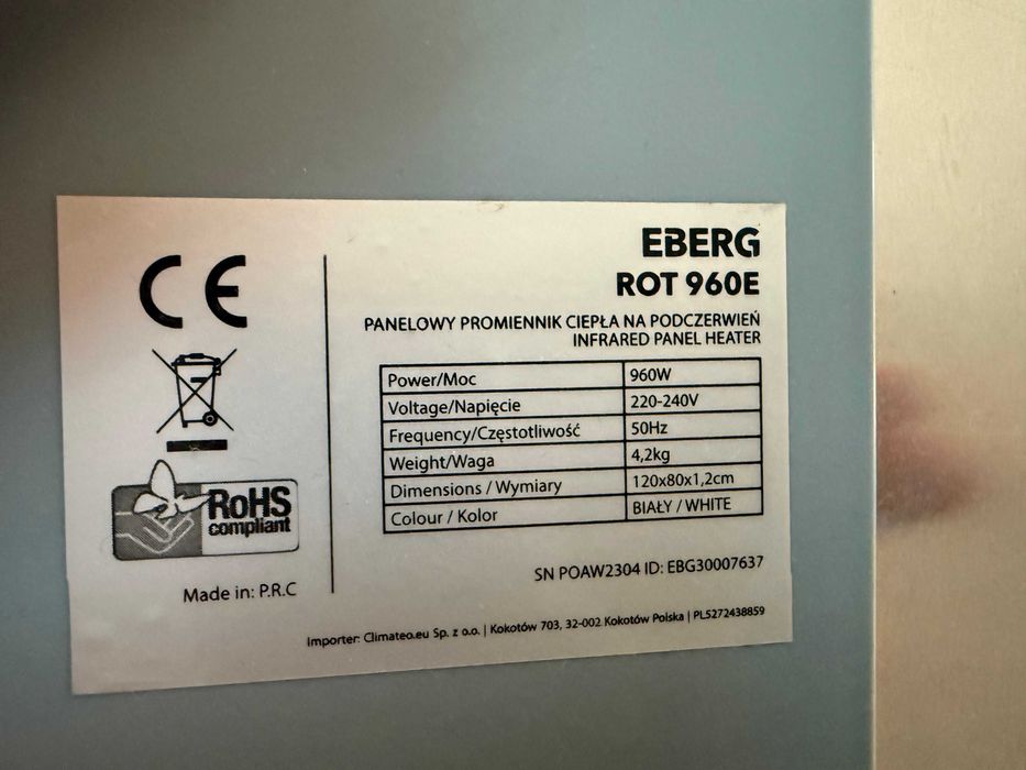 EBERG - grzejnik (promiennik, podczerwień, infrared) Wi-Fi, pilot 960W