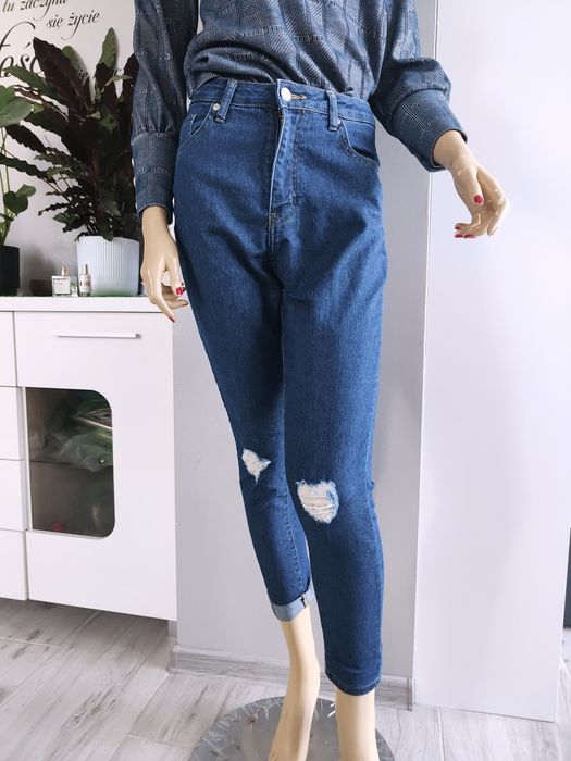 Granatowe spodnie dżinsy damskie jeansy rurki wysoki stan 36