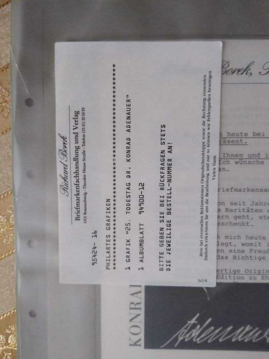 Konrad Adenauer - Autograf plus Znaczek - Certyfikat autentyczności.