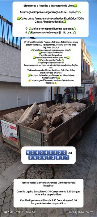 Faço Demolição e Recolha de Entulho Madeira Pladur Monos Resíduos Etc