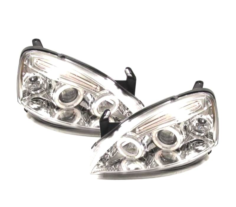 FARÓIS ANGEL EYES OPEL CORSA C 00-06 FUNDO CROMADO PRETO