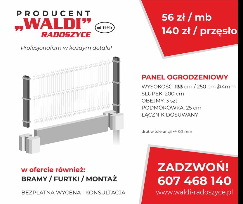 Panel ogrodzeniowy H-133 + podmurówka kpl. "WALDI" - producent