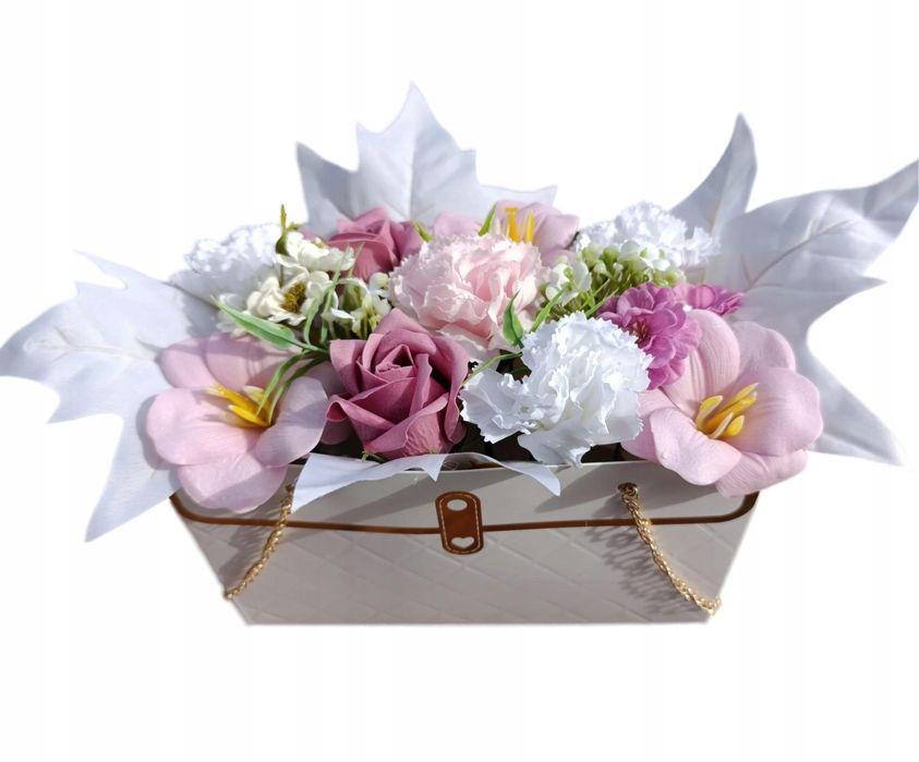 Flower box duży kwiaty mydlane bukiet na prezent dzień matki pierwszą komunię świętą + liścik gratis