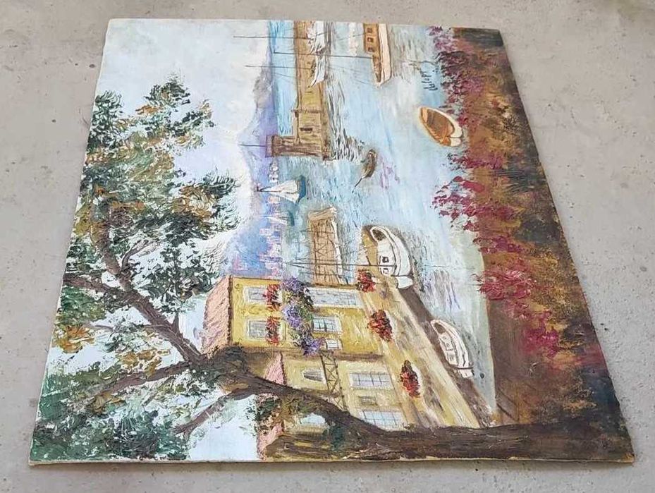 Paisagem provençal, porto e montanhas - Óleo tela - Pintura Quadro