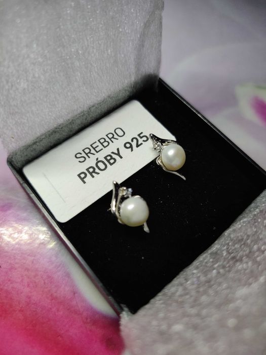 Śliczne kolczyki ze srebra 925, perły i cyrkonie - nowe