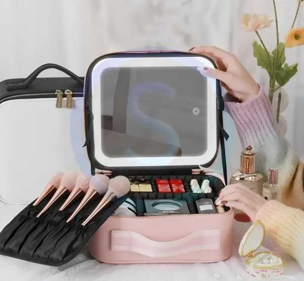 Косметичка чемоданчик с LED зеркалом органайзер кожаная чёрная розовая