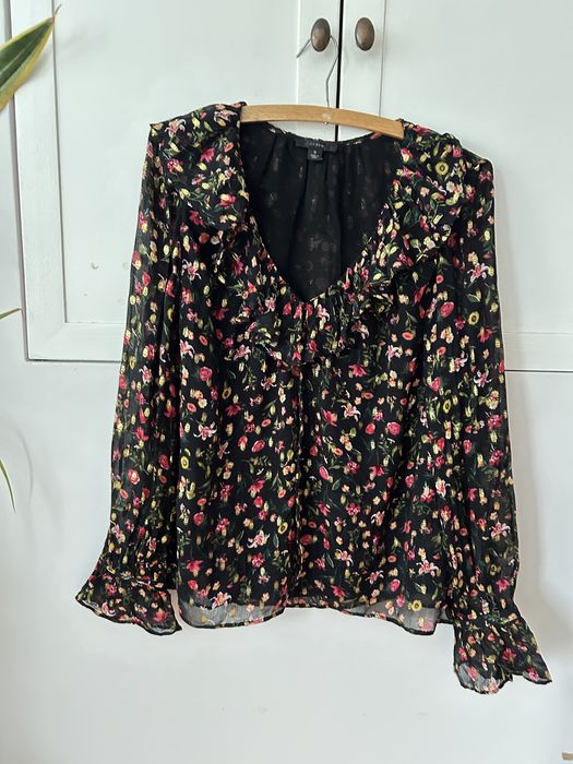 Bluzka damska w kwiatki S J.Crew wiskoza z falbankami rekaw dzwonek