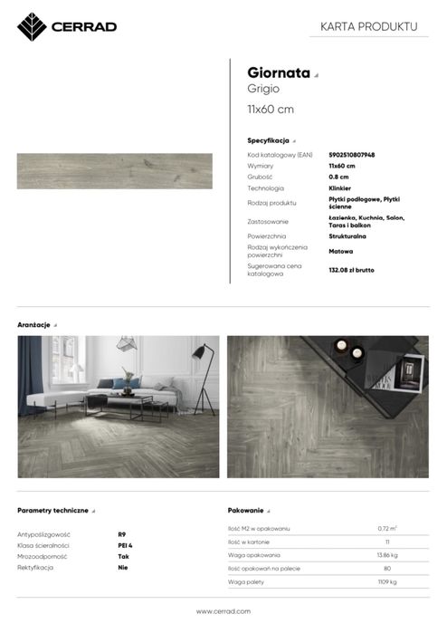 Płytki Podłogowe Giornata Grigio Jodełka Drewnopodobne 11x60 Cerrad