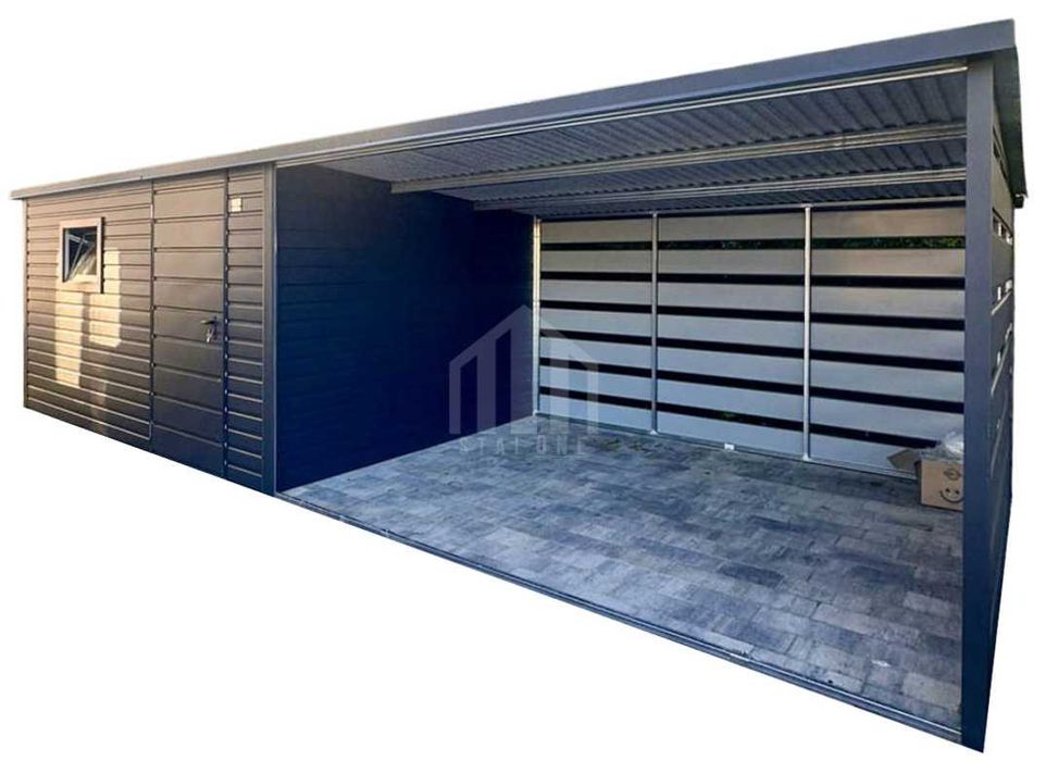Schowek - Domek ogorodowy 4x3 m + wiata 6x3 m - drzwi - okno - antracyt - spad w tył  SO203