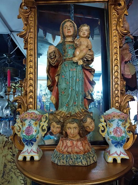 Figura Santa Mãe Com Menino Madeira Séc XVIII XIX