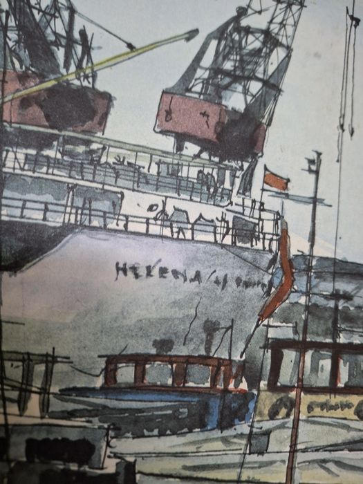 aguarela antiga de grandes dimensões barcos