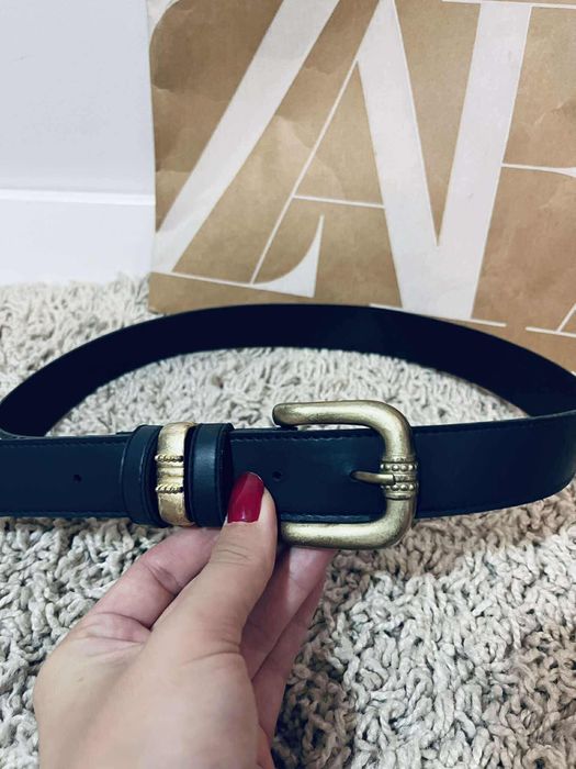 Piękny pasek czarny złota klamra 38 M elegancki