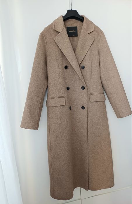 Massimo Dutti wełniany płaszcz przejściowy wiosenny beżowy długi midi