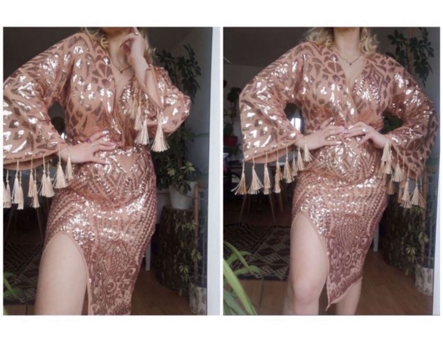 Boohoo cekinowa sukienka midi frędzlAmi L 40 xl 42 złota