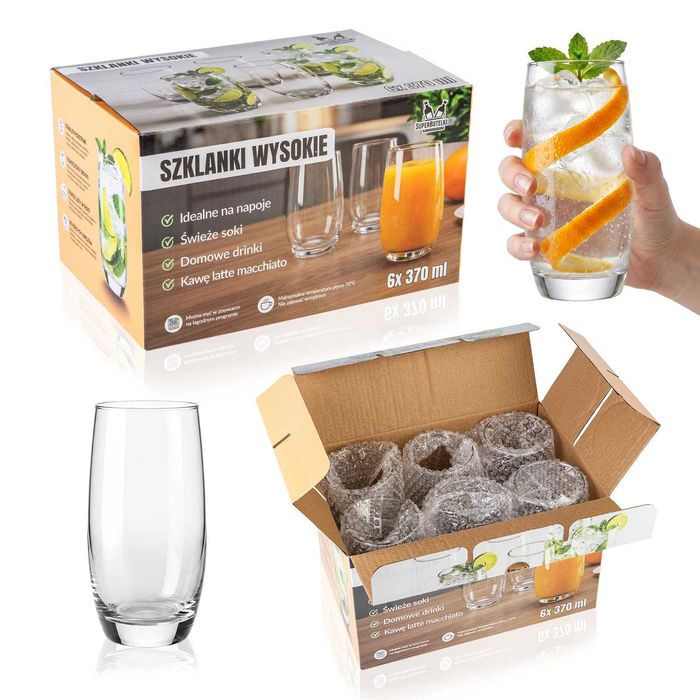 6x Wysokie szklanki na napoje wodę kawę herbatę mrożoną 370 ml