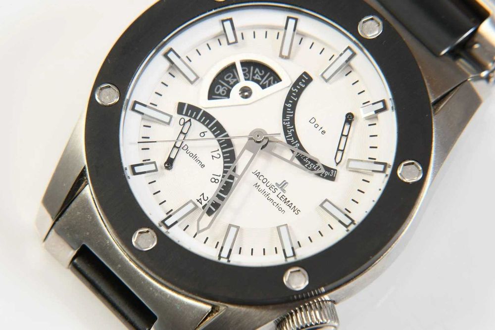 Jacques Lemans 1-1634 biała tarcza Duotime Date zegarek męski Multifunction