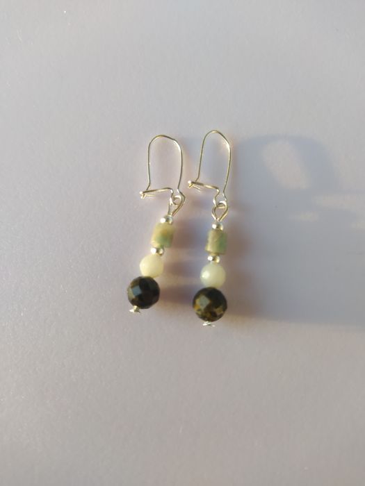 Kolczyki kryształ górski z czarnym turmalinem +amazonit