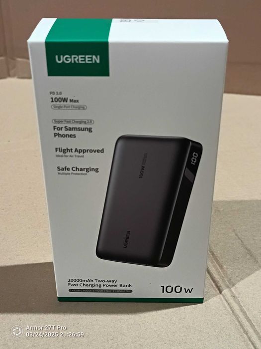NOWY! Powerbank 20000mAh Ugreen PB720, USB + 2x USB-C, 100W PD szary