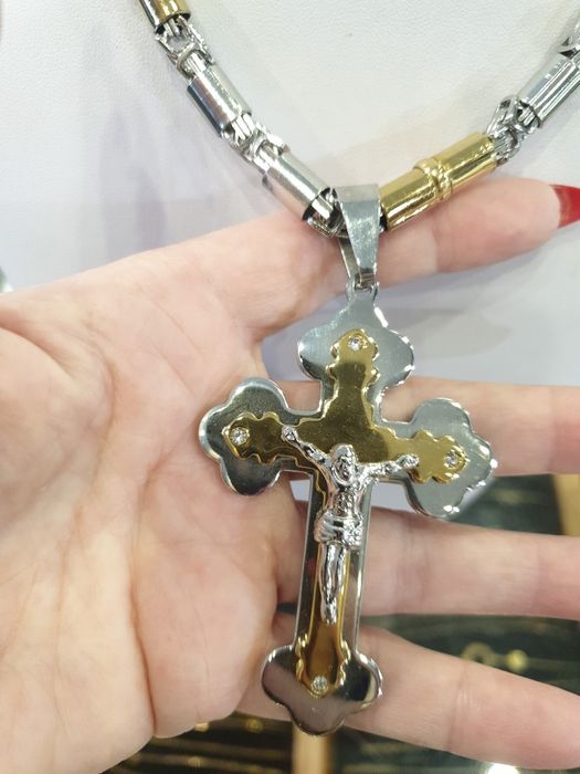 Komplet męski łańcuszek I krzyż splot królewski stal  60 cm