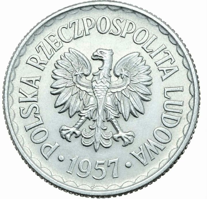 1 zł., złoty 1957. Najrzadszy rocznik w menniczym stanie. Piękne.