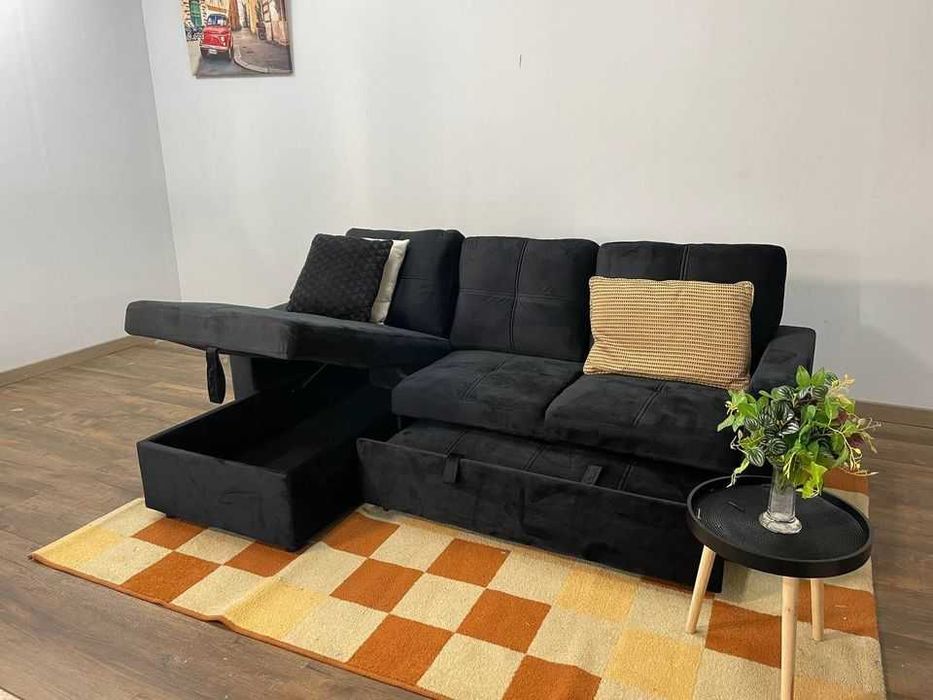 Sofá-cama preto com arrumação, enviamos
