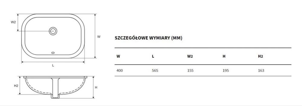 NOWA UMYWALKA podblatowa Excellent Candera 565x400 mm biała