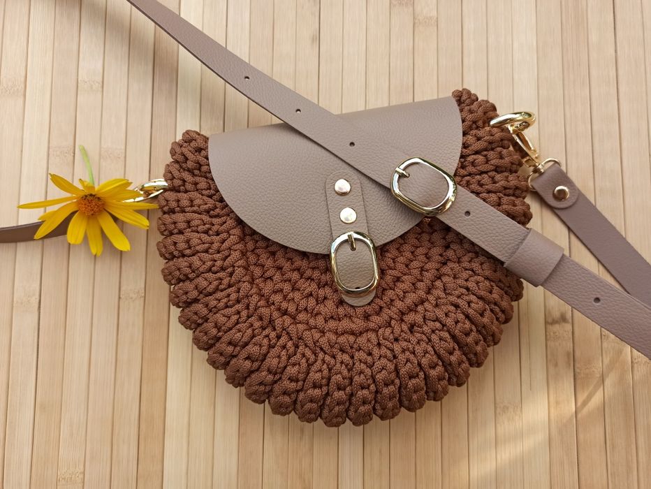 Torebka okrągła Oreo szydełko - skóra naturalna - 23x20 cm