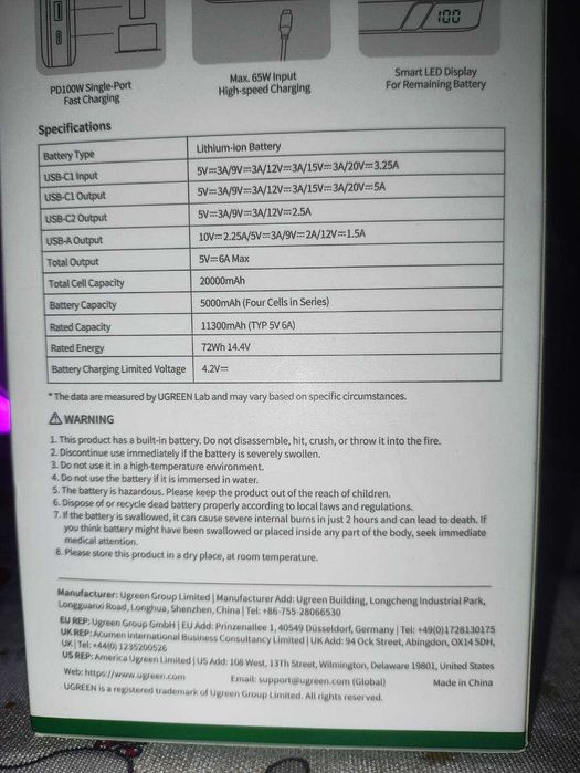 Повербанк UGREEN PB720  100W 20.000mAh
