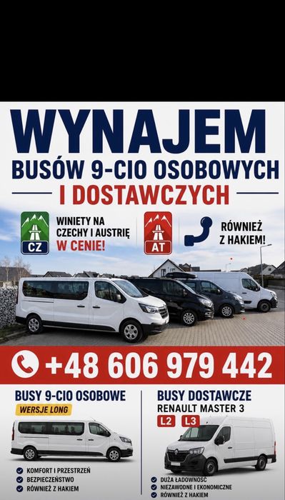Wynajem busów 9 osobowych i dostawczych! z hakiem! WinietyAT/CZgratis