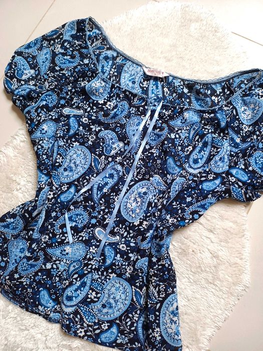 piękna bluzka kolorowa niebieski wzór turecki 44 46 plus size lato oversize