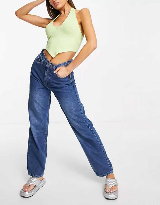 Rebellious Fashion Niebieskie jeansy wysoki stan i sznurowany tył 38