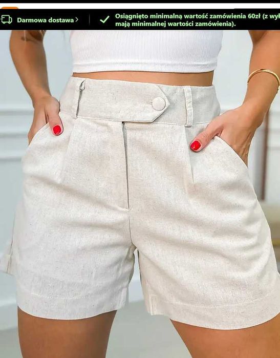 Damskie spodenki szorty z wysokim stanem - beżowe - z lnem - XL - NOWE