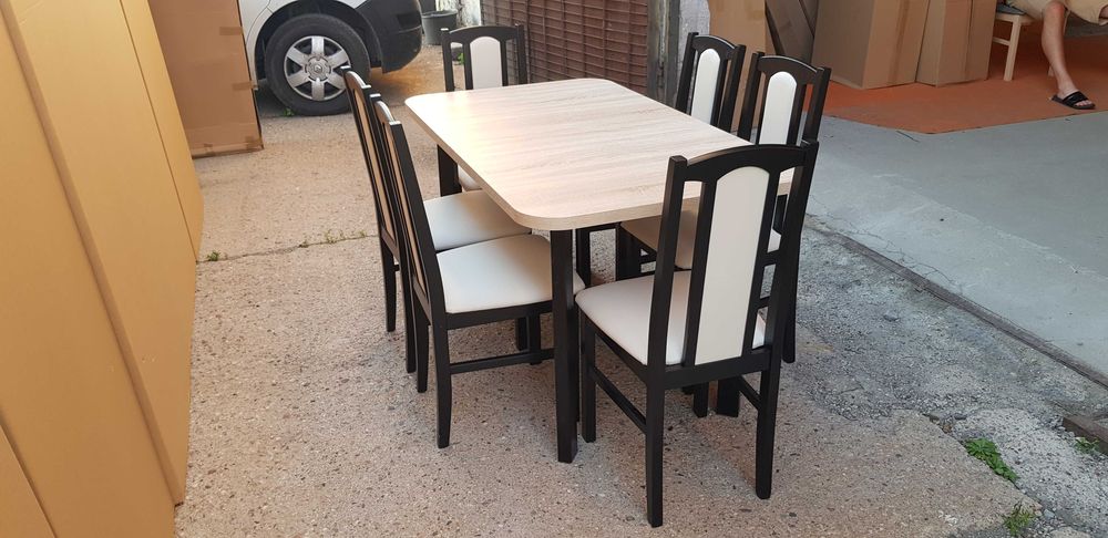Nowe: Stół 80x140/180 + 6 krzeseł, CZARNY/blat sonoma + CREM