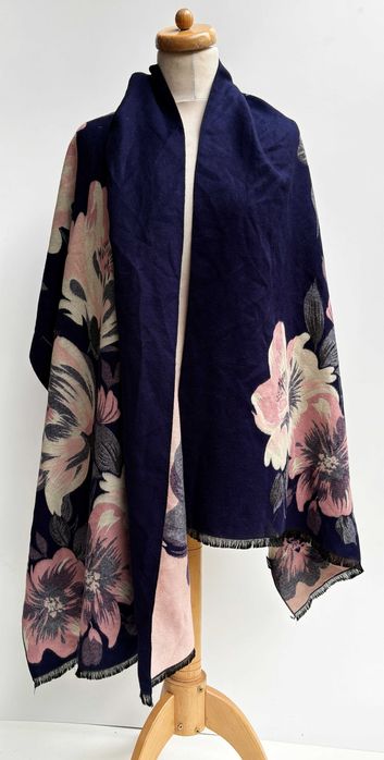 Szal Szalik Granatowy Kwiaty Pashmina Kaszmir Kaszmiroy Gruby