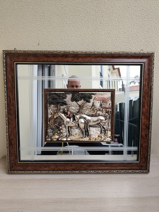 Quadro Espelho com Placa em Prata de Lei 925 - Cavalos (70x60 cm)