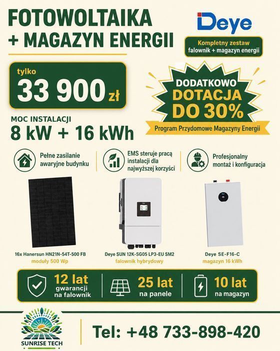 Instalacja fotowoltaiczna o mocy 8 kWp z magazynem energii 16 kWh