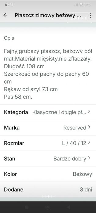 Płaszcz zimowy beżowy Reserved r.L