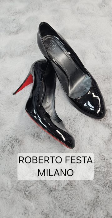 Roberto Festa Milano czółenka skórzane czarne lakierowane na obcasie z czerwoną podeszwą 41