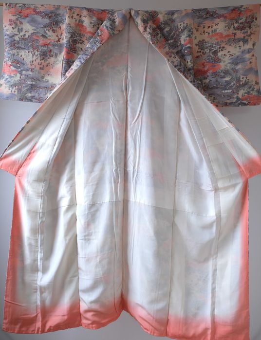 Japońskie kimono komon w pejzaż z epoki Edo pastelowe kolory awase