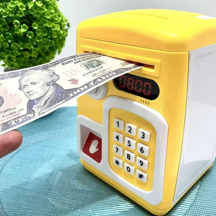 Сейф-копилка с кодовым замком затягивает купюры звук подсветка Желтый
