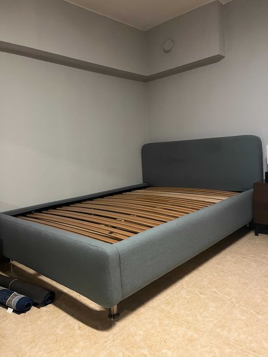 Cool Bluish-Grey Fabric Upholstered Swiss-made bed frame