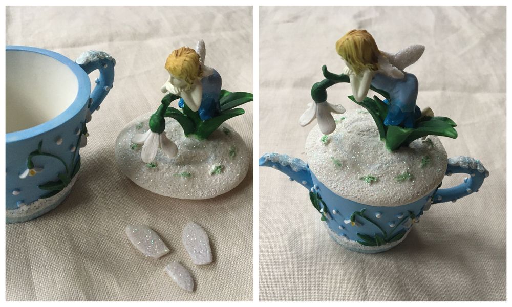 Conjunto de seis bules miniatura com motivo de fadas em porcelana