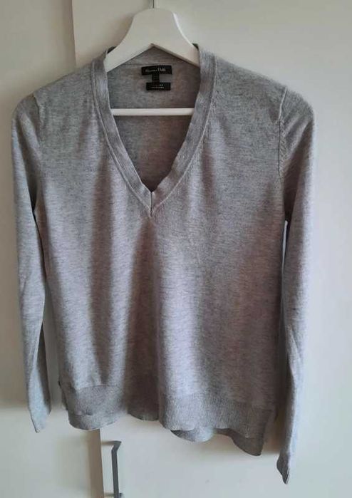Massimo Dutti sweter V serek szary melanż jedwab wełna XS 34