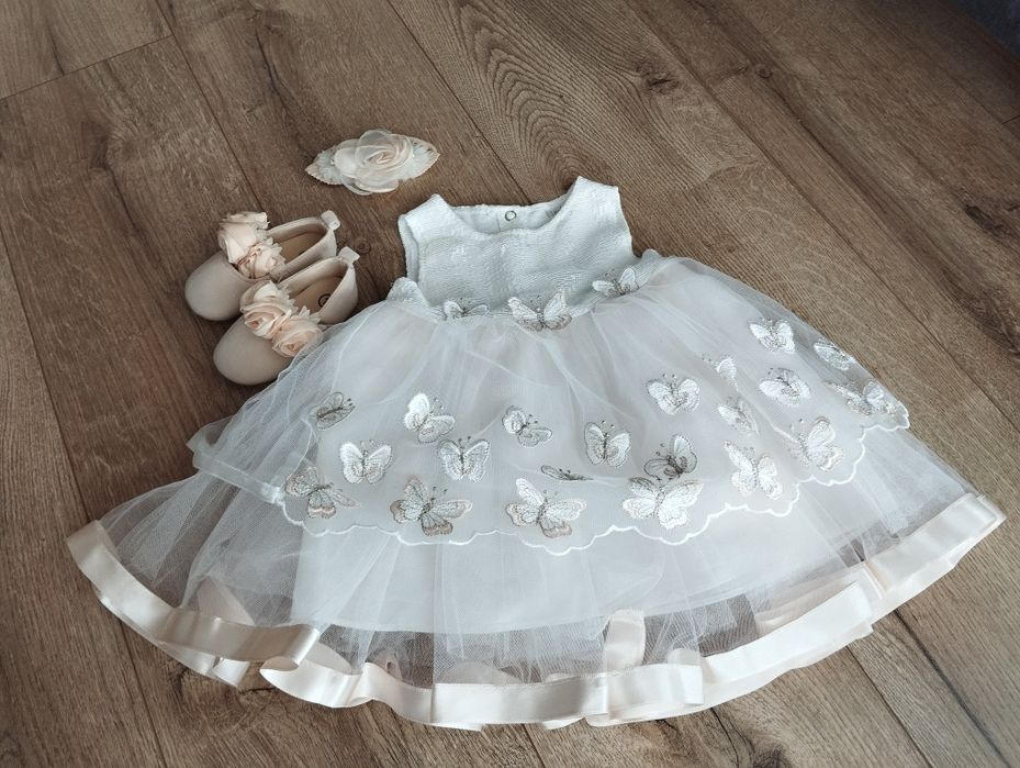 Komplet, sukienka tiulowana, opaska i buciki na chrzest/wesele