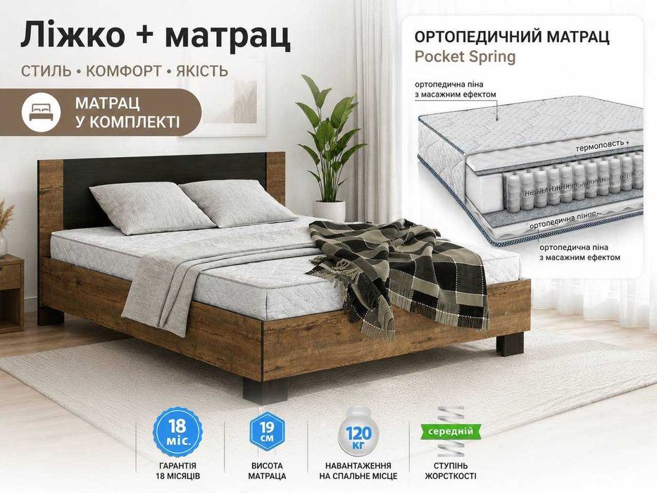 Нове Ліжко з матрацом Ліжко 140*200 + орт Матрацом Freedom Pocket 140*200 Доставка