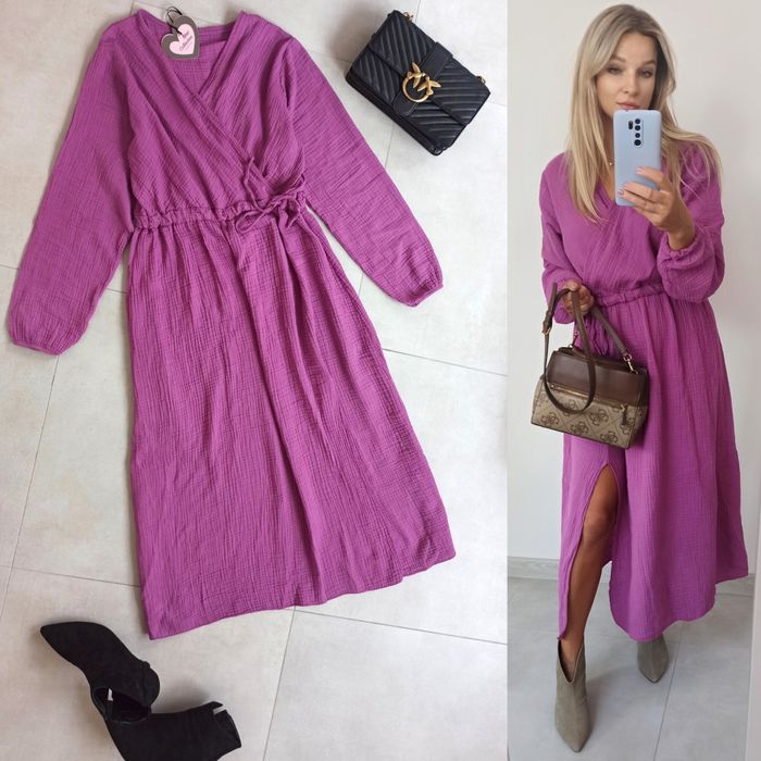 New collection sukienka różowa bawełna muślinow uni wiązana midi