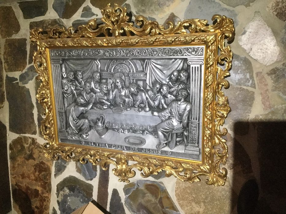 Última Ceia moldura talha dourada séc XIX Arte Sácra 1,10cm folha Ouro